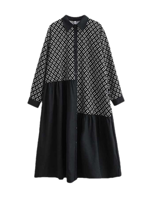 xakxx A-Line Long Sleeves Asymmetric Buttoned Pleated Printed Split-Joint Lapel Midi Dresses
