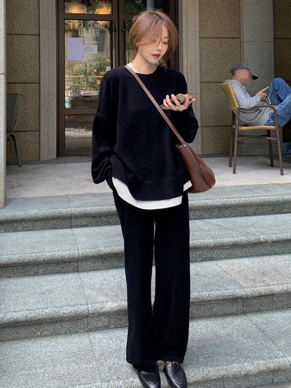 xakxx xakxx-Casual Loose Solid Color Round-Neck Sweater Tops & Wide Leg Pants Suits