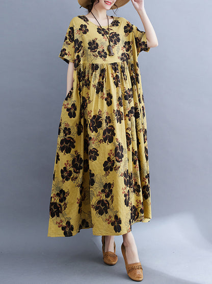 xakxx Loose Short Sleeves Pleated Printed Split-Joint Round-Neck Midi Dresses