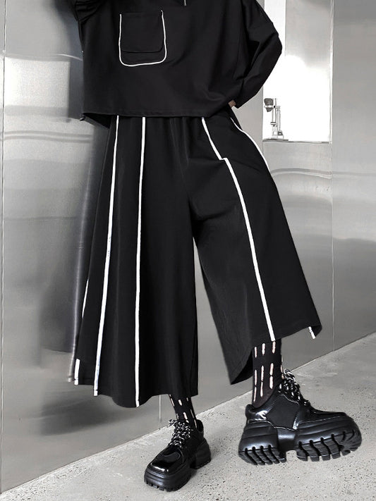 xakxx Vintage Loose Wide Leg Contrast Color Striped Elasticity Split-Joint Casual Pants Bottoms