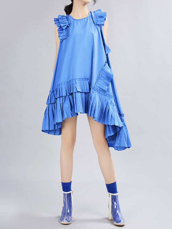 xakxx Flying Sleeves Loose Asymmetric Pleated Solid Color Split-Joint Round-Neck Midi Dresses