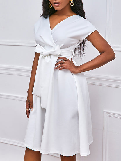 xakxx Bowknot Lace-Up Solid Color V-Neck Midi Dresses