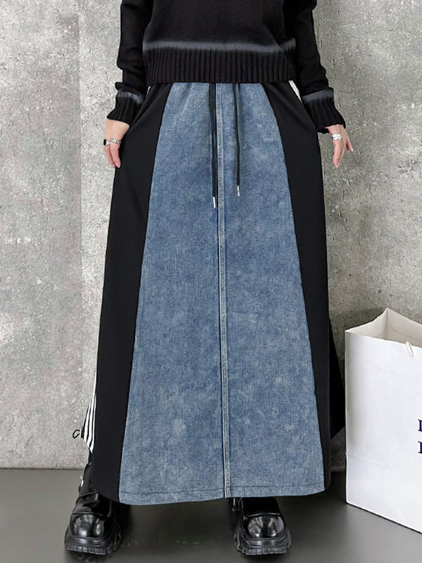 xakxx A-Line Loose Contrast Color Drawstring Split-Joint Striped Skirts Bottoms