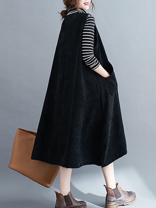 xakxx Corduroy Sleeveless Split-Joint Round-Neck Midi Dress