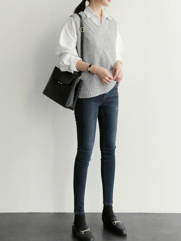 xakxx Casual Sleeveless Loose Solid Color V-Neck Vest Outerwear