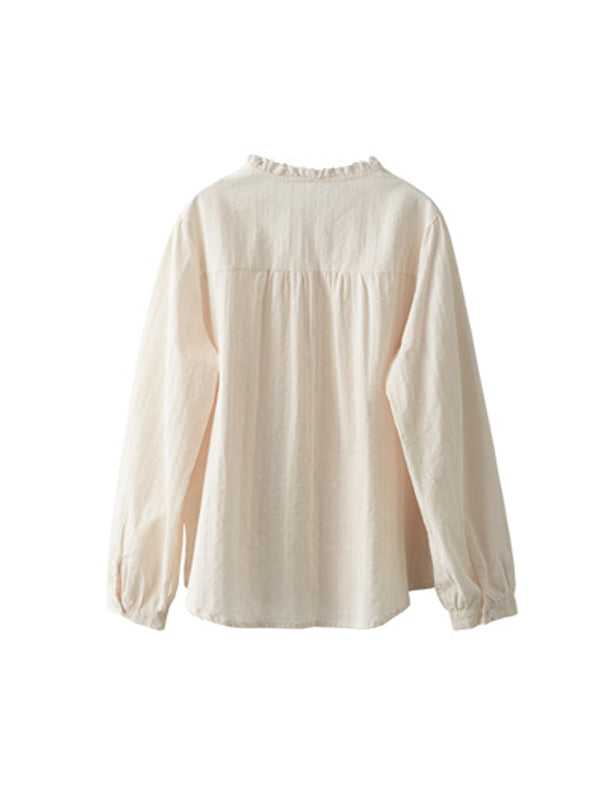 xakxx Long Sleeves Loose Embroidered Round-Neck Blouses&Shirts Tops