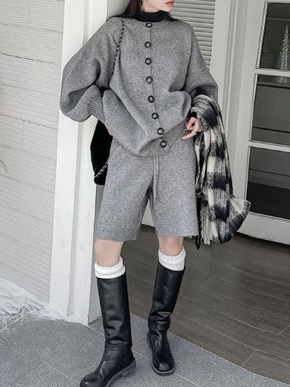 xakxx Long Sleeves Loose Buttoned Round-Neck Sweater Top + Drawstring Shorts Bottom Two Pieces Set