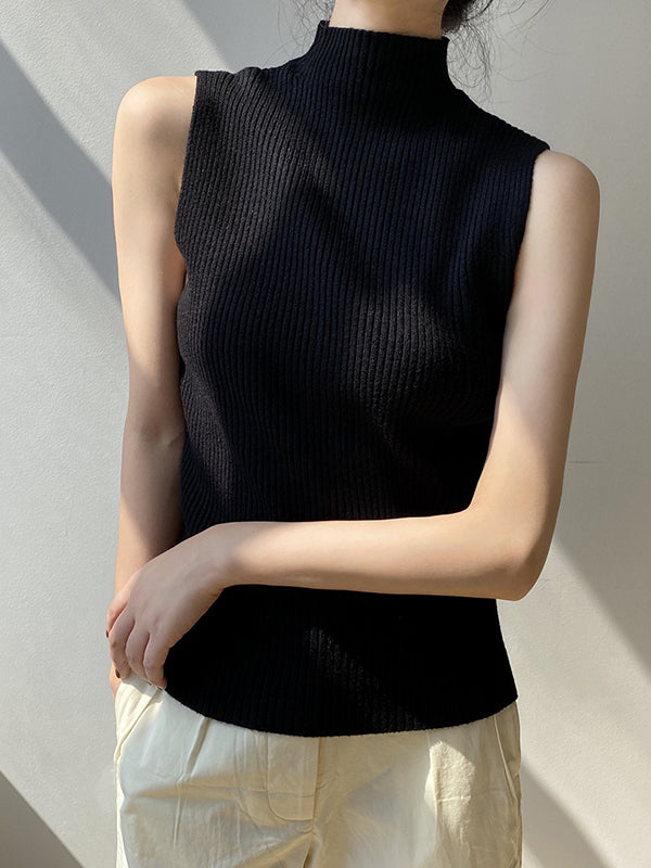 xakxx Skinny Sleeveless Solid Color High-Neck Knitwear Vest Top