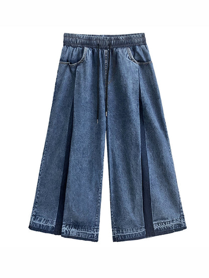 xakxx Loose Wide Leg Contrast Color Drawstring Fringed Pockets Jean Pants Bottoms