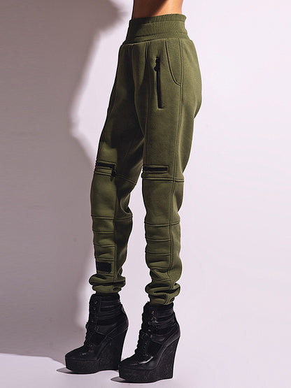 xakxx Stylish High-Waisted Solid Color Zipper Casual Sports Pants