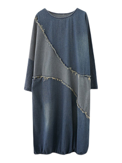 xakxx Original Loose Denim Contrast Color Round-Neck Long Sleeves Midi Dress