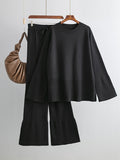 xakxx Casual Long Sleeves Loose Solid Color Round-Neck Sweater Tops & Wide Leg Pants Two Pieces Set