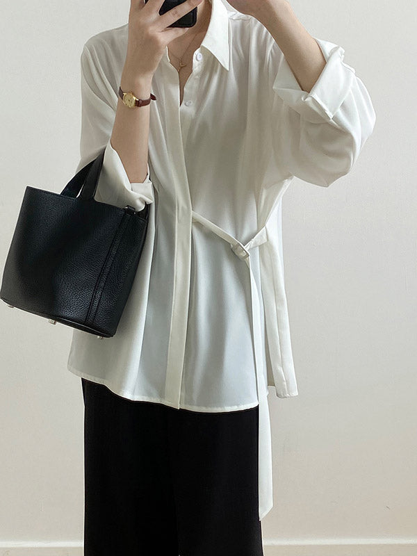 xakxx Office Loose Long Sleeves Lace-Up Solid Color Lapel Blouses