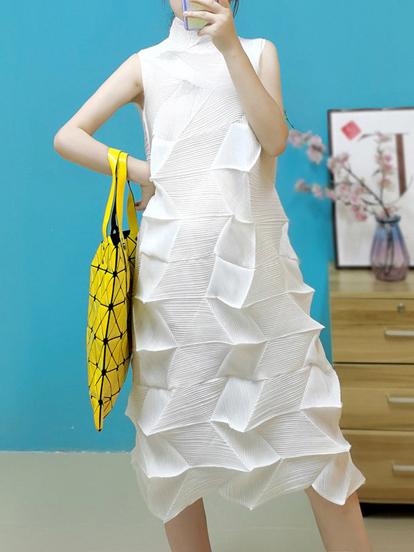 xakxx Casual Sleeveless Irregularity Pleated Solid Color Stand Collar Midi Dresses