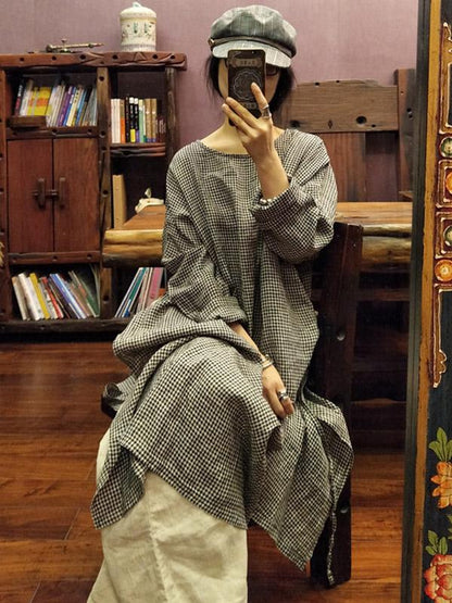 xakxx Loose Vintage Washable Plaid Split-Side Dress