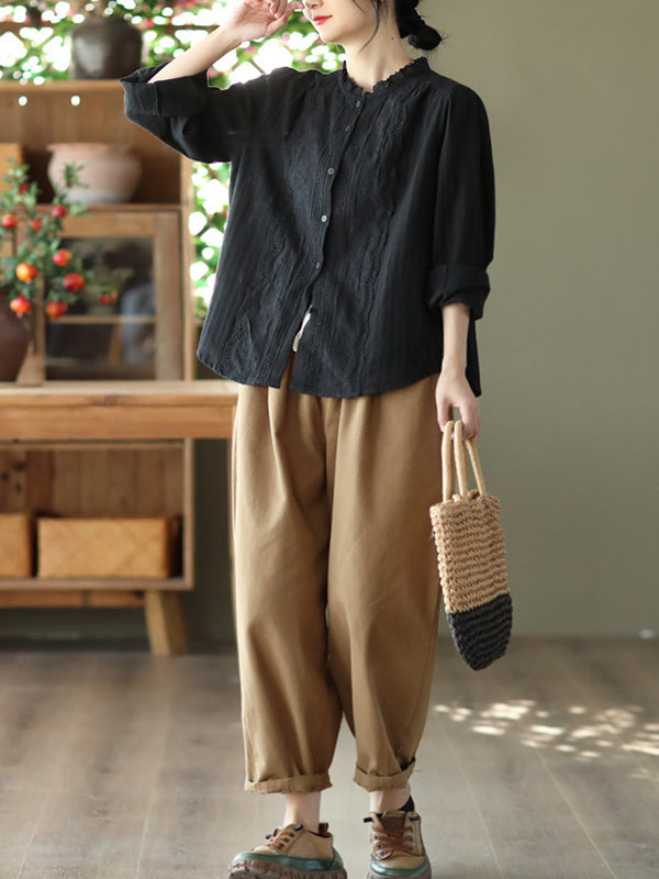 xakxx Long Sleeves Loose Embroidered Round-Neck Blouses&Shirts Tops