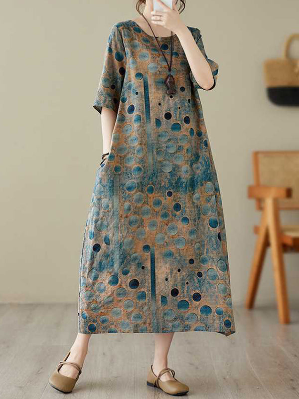 xakxx Half Sleeves Loose Contrast Color Polka-Dot Printed Round-Neck Midi Dresses