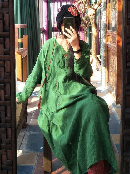 xakxx 100% Linen Manual Embroidered Long Dress