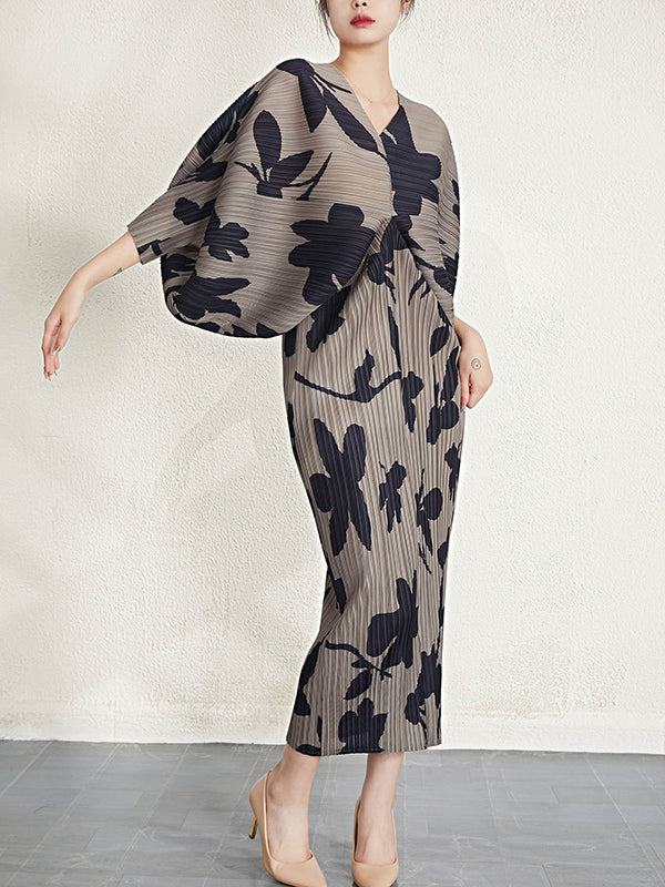 xakxx Batwing Sleeves Loose Pleated Printed V-Neck Midi Dresses