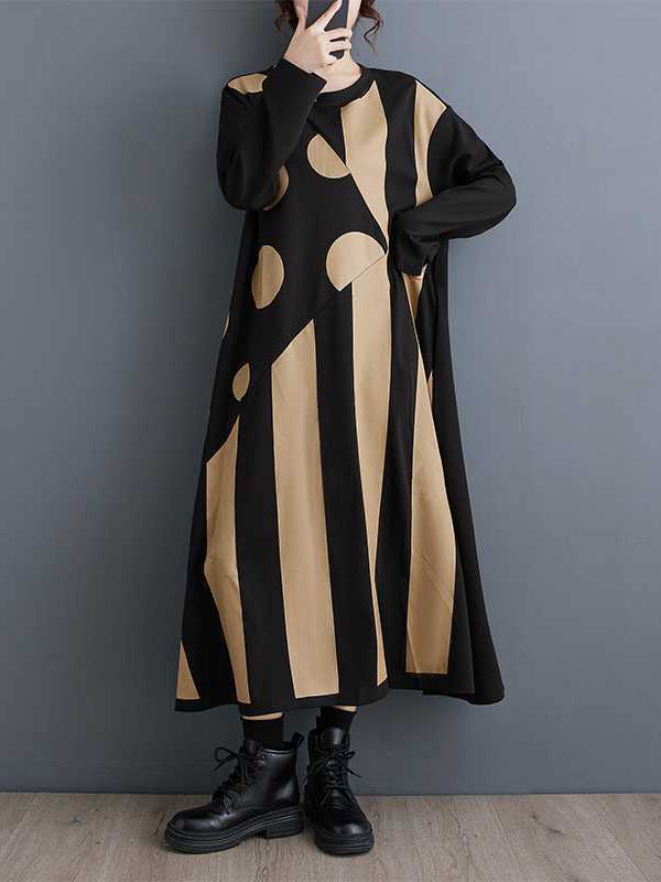 xakxx A-Line Long Sleeves Asymmetric Polka-Dot Split-Joint Striped Round-Neck Midi Dresses