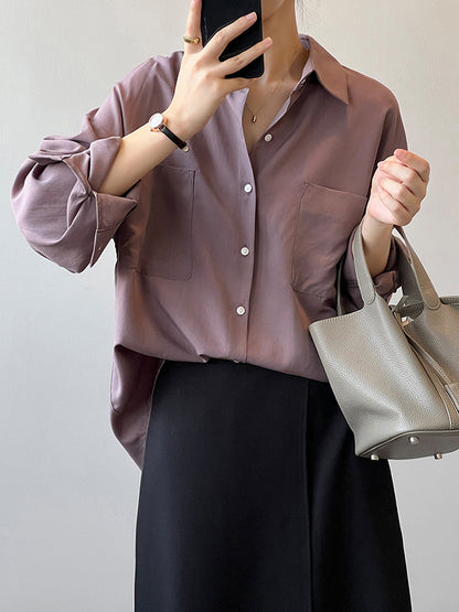 xakxx Vintage Long Sleeves Loose Solid Color Lapel Collar Blouses