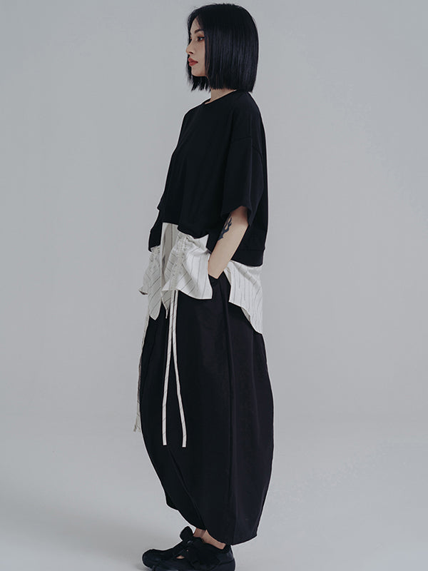 xakxx Simple Loose Elasticity Waist Wide Leg Solid Color Pants