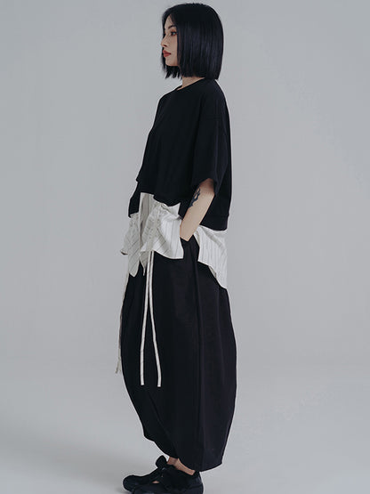 xakxx Simple Loose Elasticity Waist Wide Leg Solid Color Pants