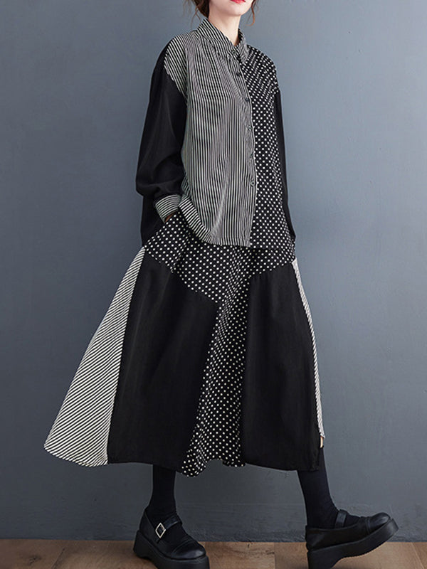 xakxx Loose Oversize Striped Polka-Dot Split-Joint Blouse Top A-Line Skirt Bottom Two Pieces Set