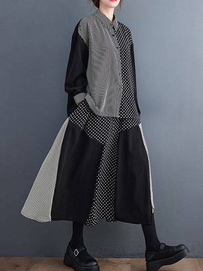 xakxx Loose Oversize Striped Polka-Dot Split-Joint Blouse Top A-Line Skirt Bottom Two Pieces Set