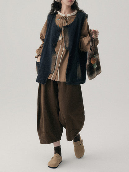 xakxx Harem Pants High Waisted Elasticity Solid Color Split-Joint Ninth Pants Trousers
