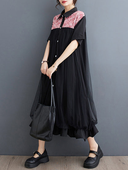 xakxx Loose Short Sleeves Falbala Printed Split-Joint Lapel Midi Dresses