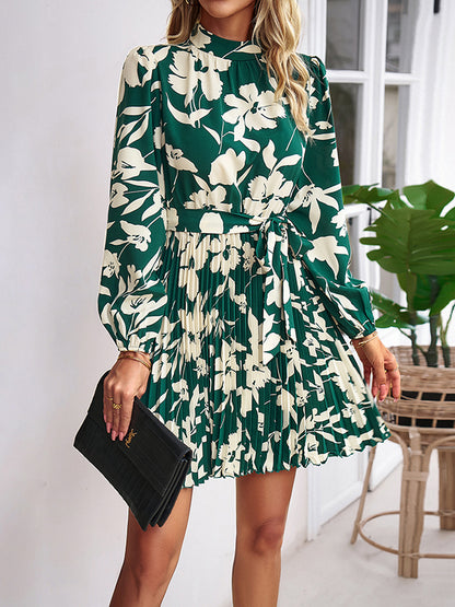xakxx High Waisted Long Sleeves Flower Print Pleated Tied Waist Mock Neck Mini Dresses