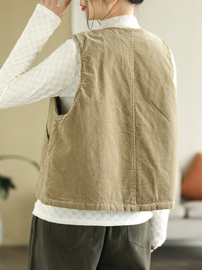 xakxx Vintage Sleeveless Loose Buttoned Split-Joint Solid Color Round-Neck Vest Outerwear