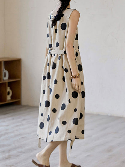 xakxx Loose Sleeveless Contrast Color Pleated Polka-Dot Split-Joint Tied Waist Round-Neck Midi Dresses