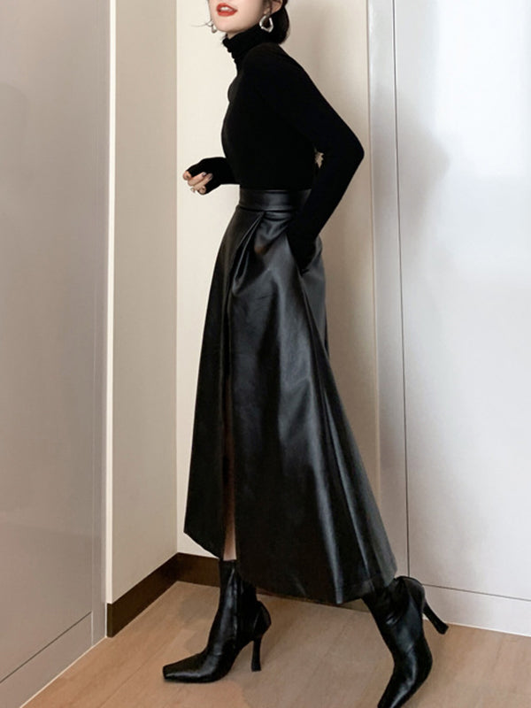 xakxx A-Line Loose Solid Color Split-Front Skirts Bottoms