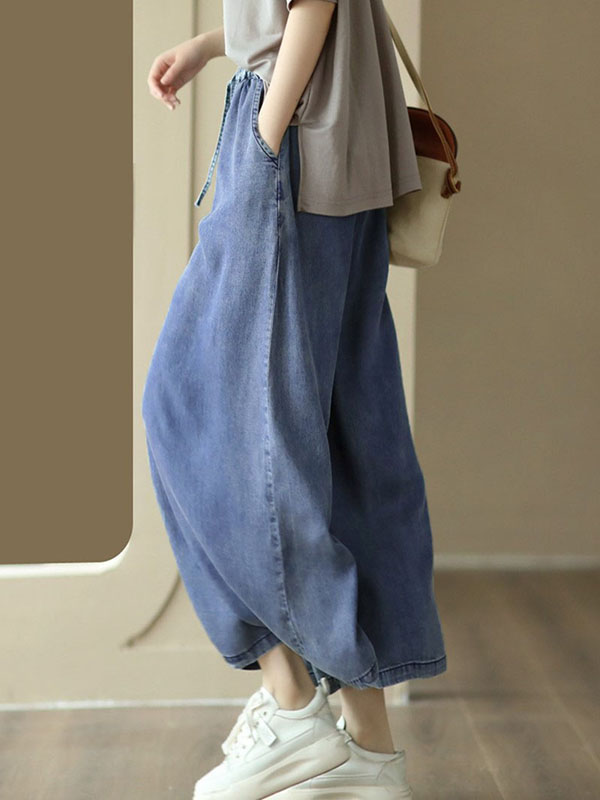 xakxx High Waisted Ninth Pants Drawstring Elasticity Pockets Wide Leg Jean Pants