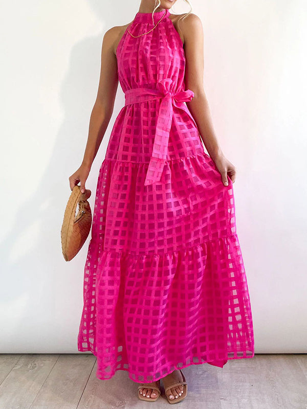xakxx Loose Sleeveless Plaid Ribbed Stand Collar Maxi Dresses