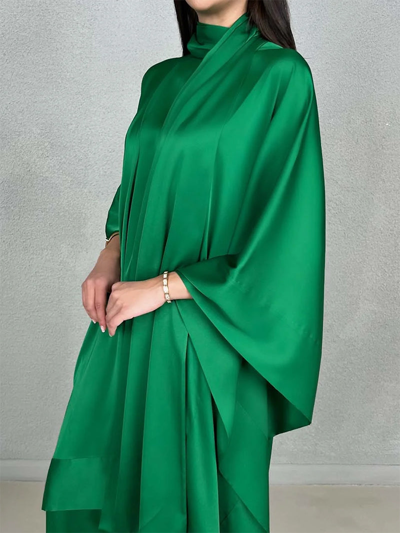 xakxx Batwing Sleeves Loose Solid Color Stand Collar T-Shirt Tops&Pants Two Pieces Set