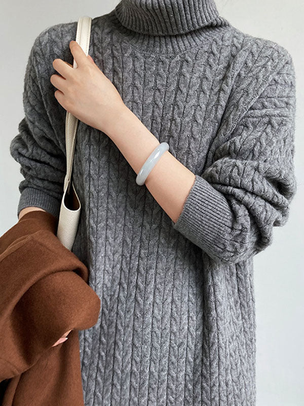 xakxx Stylish Loose Long Sleeves Solid Color High-Neck Twist Sweater Dresses