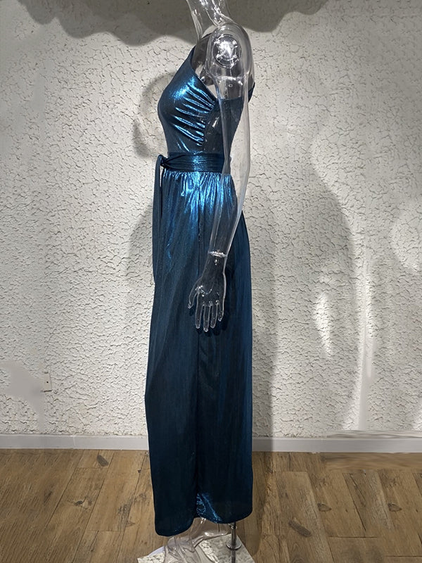 xakxx High Waisted Wide Leg Solid Color One-Shoulder Jumpsuits