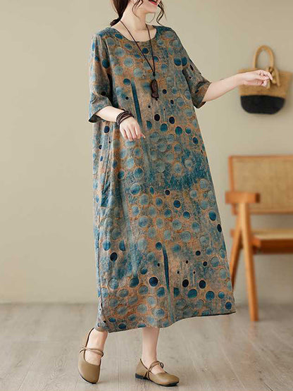 xakxx Half Sleeves Loose Contrast Color Polka-Dot Printed Round-Neck Midi Dresses