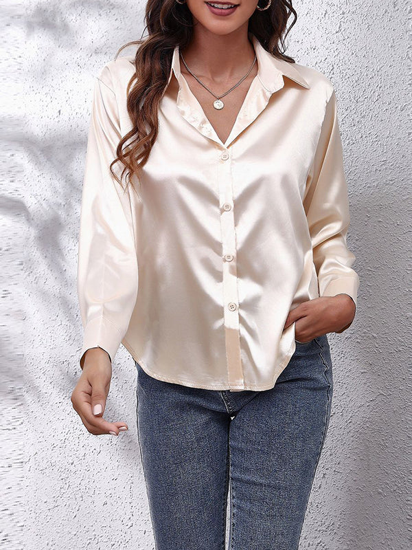 xakxx Long Sleeves Loose Solid Color Lapel Blouses&Shirts Tops