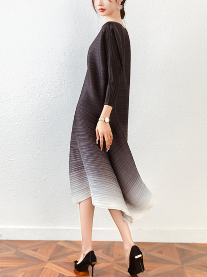 xakxx Original Long Sleeves Loose Pleated Gradient Round-Neck Midi Dresses