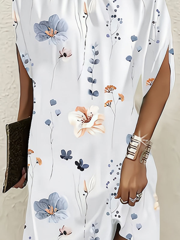 xakxx Batwing Sleeves Loose Flower Print Round-Neck Mini Dresses
