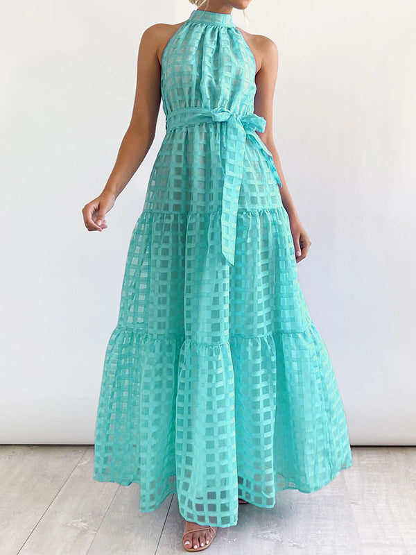 xakxx Loose Sleeveless Plaid Ribbed Stand Collar Maxi Dresses
