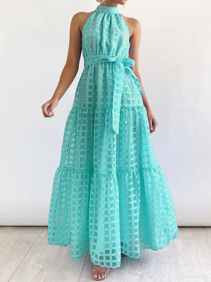 xakxx Loose Sleeveless Plaid Ribbed Stand Collar Maxi Dresses