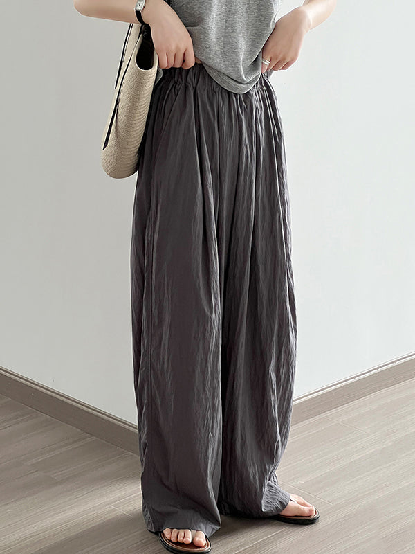 xakxx High Waisted Wide Leg Elasticity Pleated Solid Color Casual Pants Bottoms Trousers