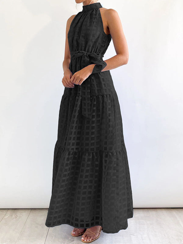 xakxx Loose Sleeveless Plaid Ribbed Stand Collar Maxi Dresses