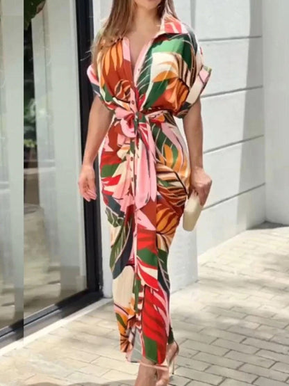 xakxx High Waisted Short Sleeves Buttoned Printed Tied Waist Lapel Maxi Dresses Shirt Dress