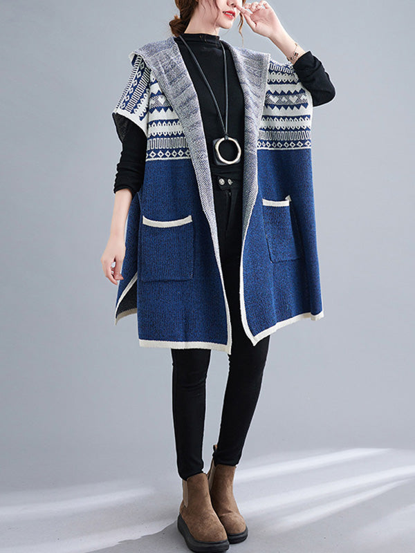 xakxx Artistic Retro Loose Casual With Pocket Hooded Short Sleeves Cardigan Outwear